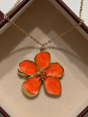 Golden Orange Flower Enamel Statement Pendant Necklace.